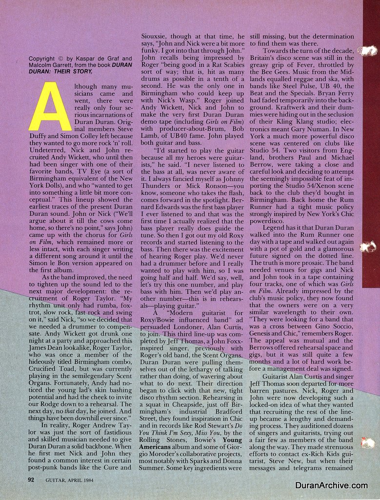 Duran Duran in Guitar magazine, April 1984