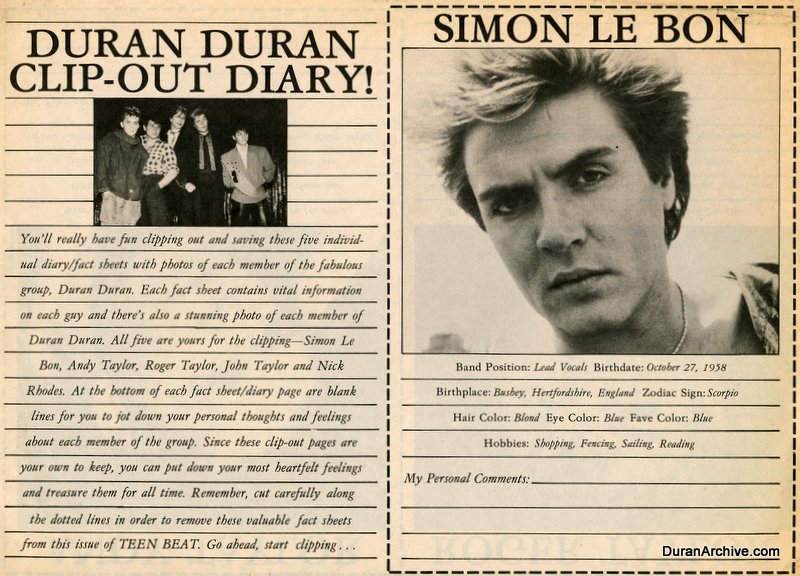 Duran Duran clip-out diary